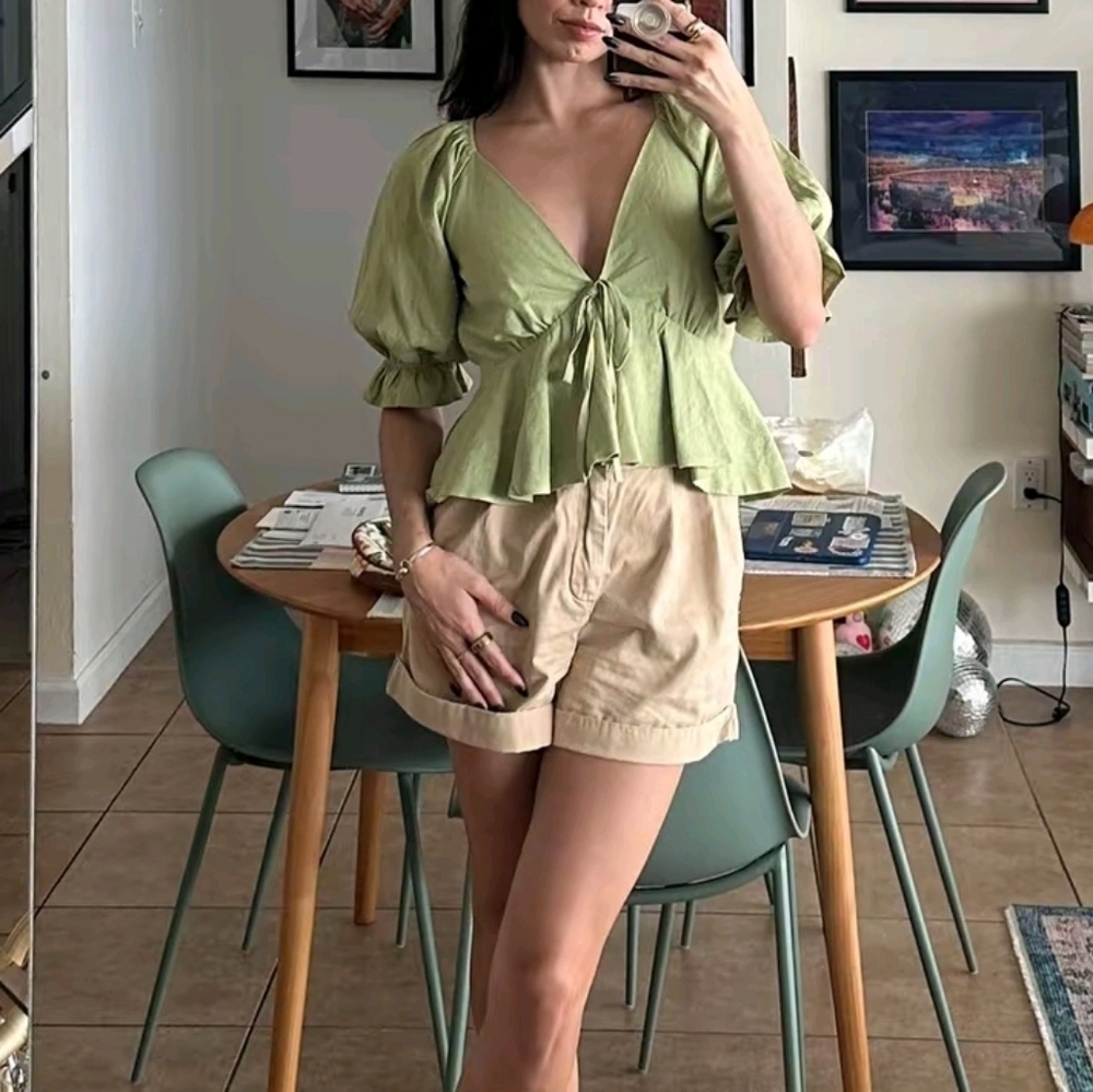 7 For All Mankind Green V Neck Sexy Different Top Medium